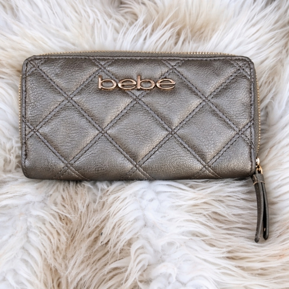 Bebe Pewter leather quilted full zip wallet